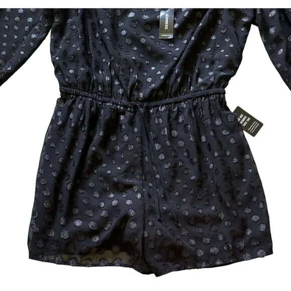 Express Black 3/4 Sleeve Sparkly PolkaDot Elastic Waist Romper Sexy M Witchy NWT - Picture 3 of 6